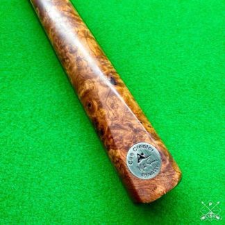 Handcrafted Cue Creator Dynasty snooker cue with amboyna burr and green veneer splice